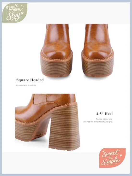 Platform Mid Calf Boots Block Heel Square Toe Comfortable Casual Shoes - Picture 3 of 5